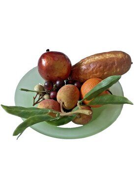 Mid-Century Frosted Green Glass Bowl With Faux Fruit Arrangement